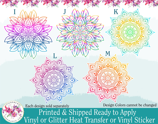 Glitter Or Vinyl Heat Transfer Htv Iron On & Sticker | S263 Wb Multi-Colored Rainbow Mandala Lace Garden Flower