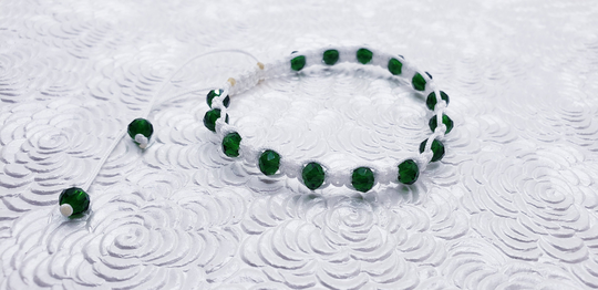 White Lucky Macrame Bracelet | Emerald Color Faceted Glass Beads 1mm Nylon String Adjustable