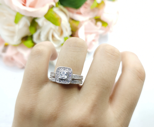 Halo Two Piece Vintage Art Deco 0.40Ct Princess Cut Wedding Engagement Anniversary Bridal Set Ring Band Round Diamond Cz 925 Sterling Silver