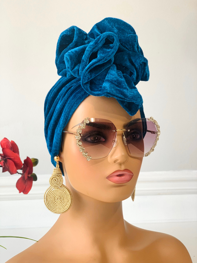 Teal Velvet Turban Hat | Pretied Head Scarf Ruffled-Design Stay in Place