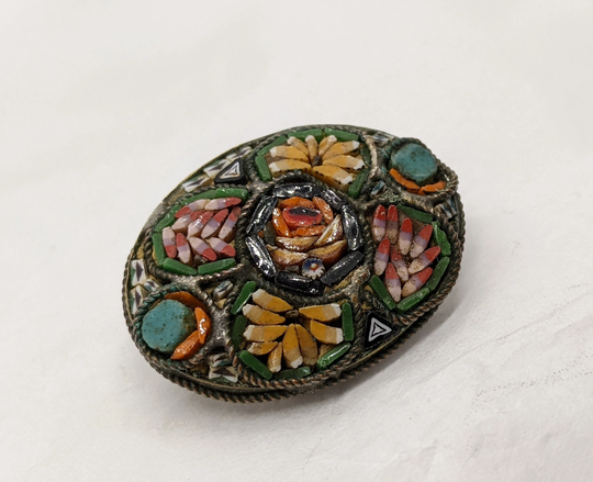 Italian Micro Mosaic Brooch Multi Coloured Flowers Vintage