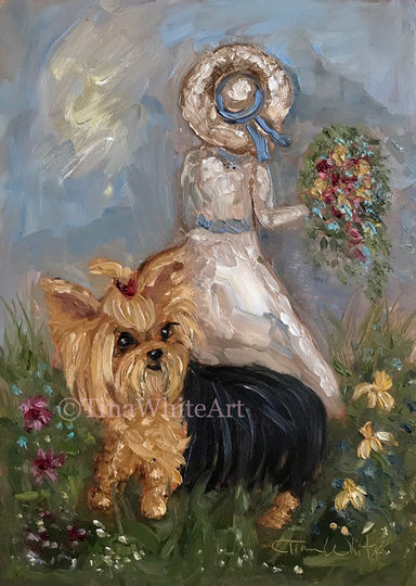 Yorkie Dog Art May Flowers Original Oil Painting 5x7 On Hardboard Panel Yorkies