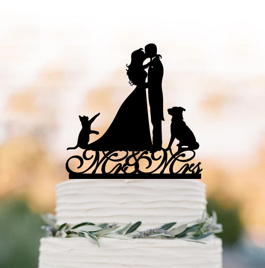 Dog Cake Topper Wedding Cake With & Cat Pitbull Topper Bride Groom Silhouette, Funny Topper, Family