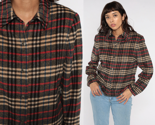 90S Plaid Jacket Wool Blend Red Grey 1990S Lumberjack Button Up Collared Grunge Vintage Medium