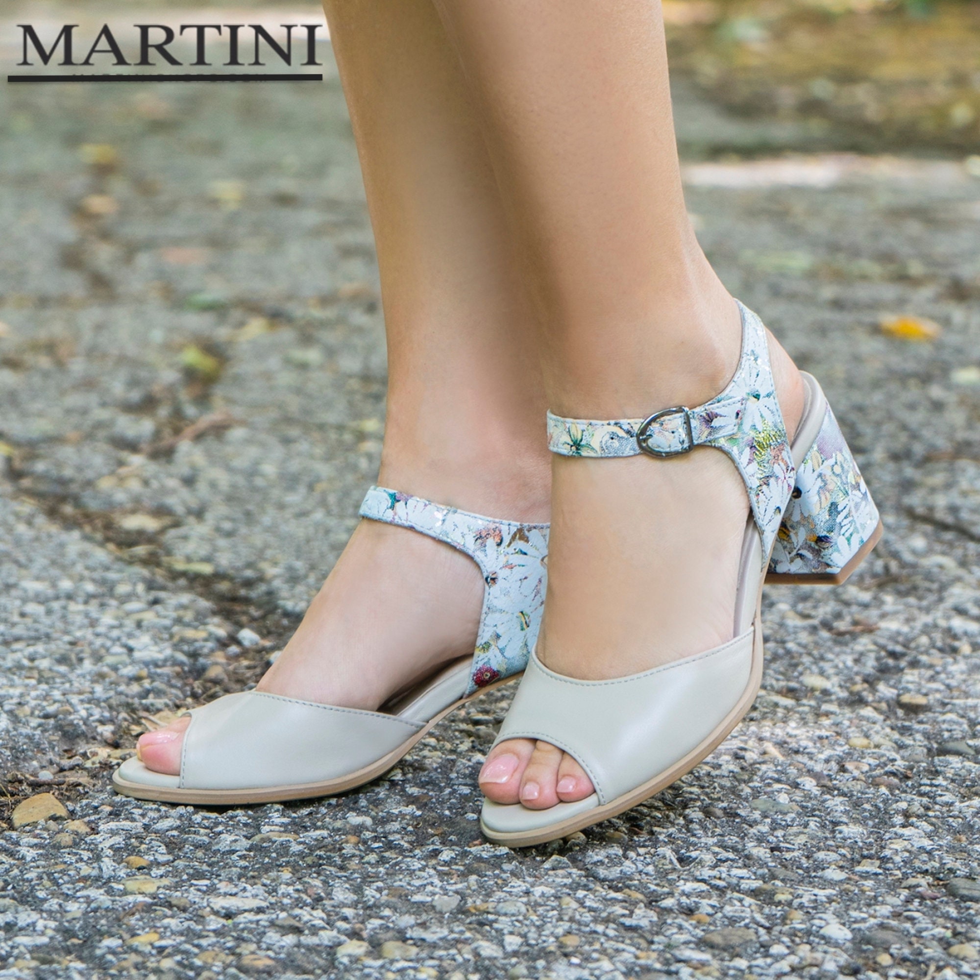 Beige Leather Sandals For Women ~ Summer Open Toe Shoes Chunky Heel Genuine Flower Print