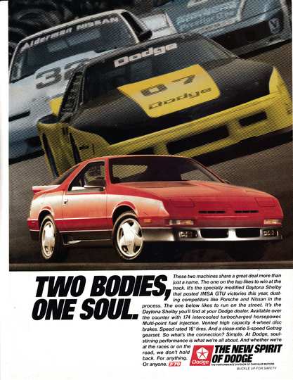 1989 Dodge Daytona Shelby-Imsa Gtu Winner-174 Hp Turbo-Original Magazine Ad