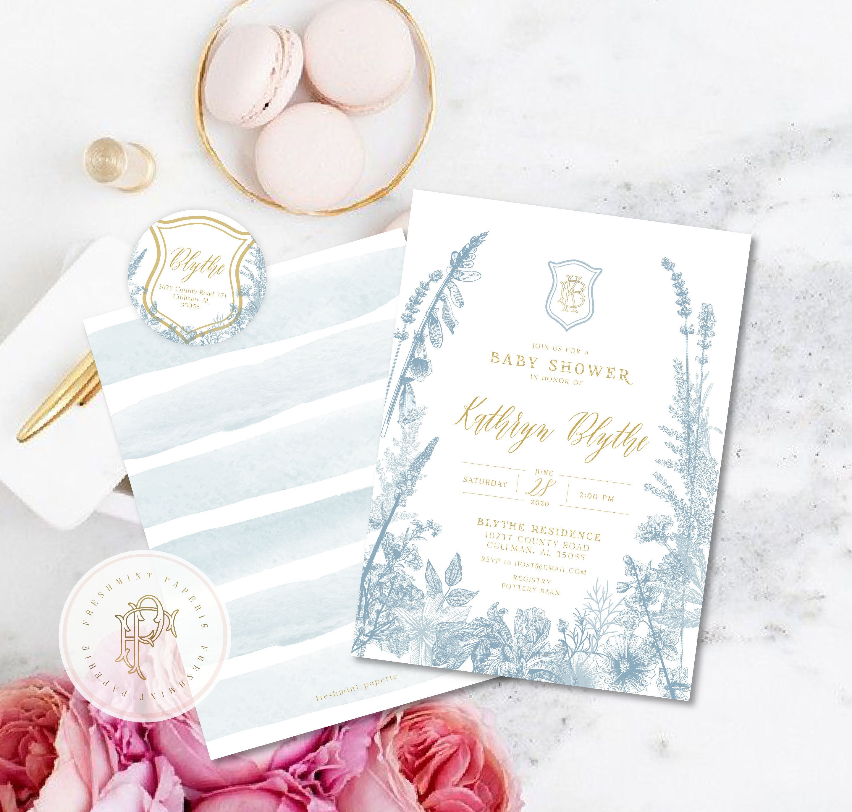 Monogram Baby Shower Invitation - Baby Shower Invitation Wreath Ribbon Neutral