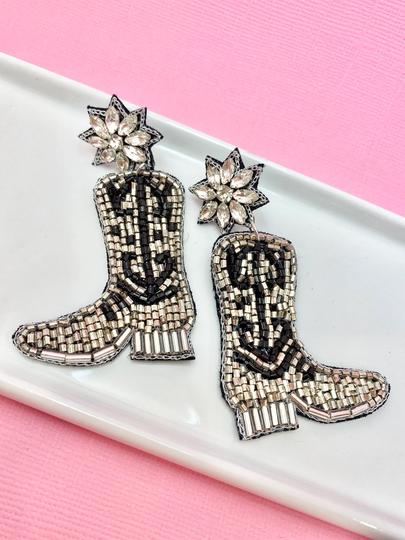 Black & Silver Cowgirl Cowboy Boot Beaded Earrings, Rodeo, Western, Nashville Earrings