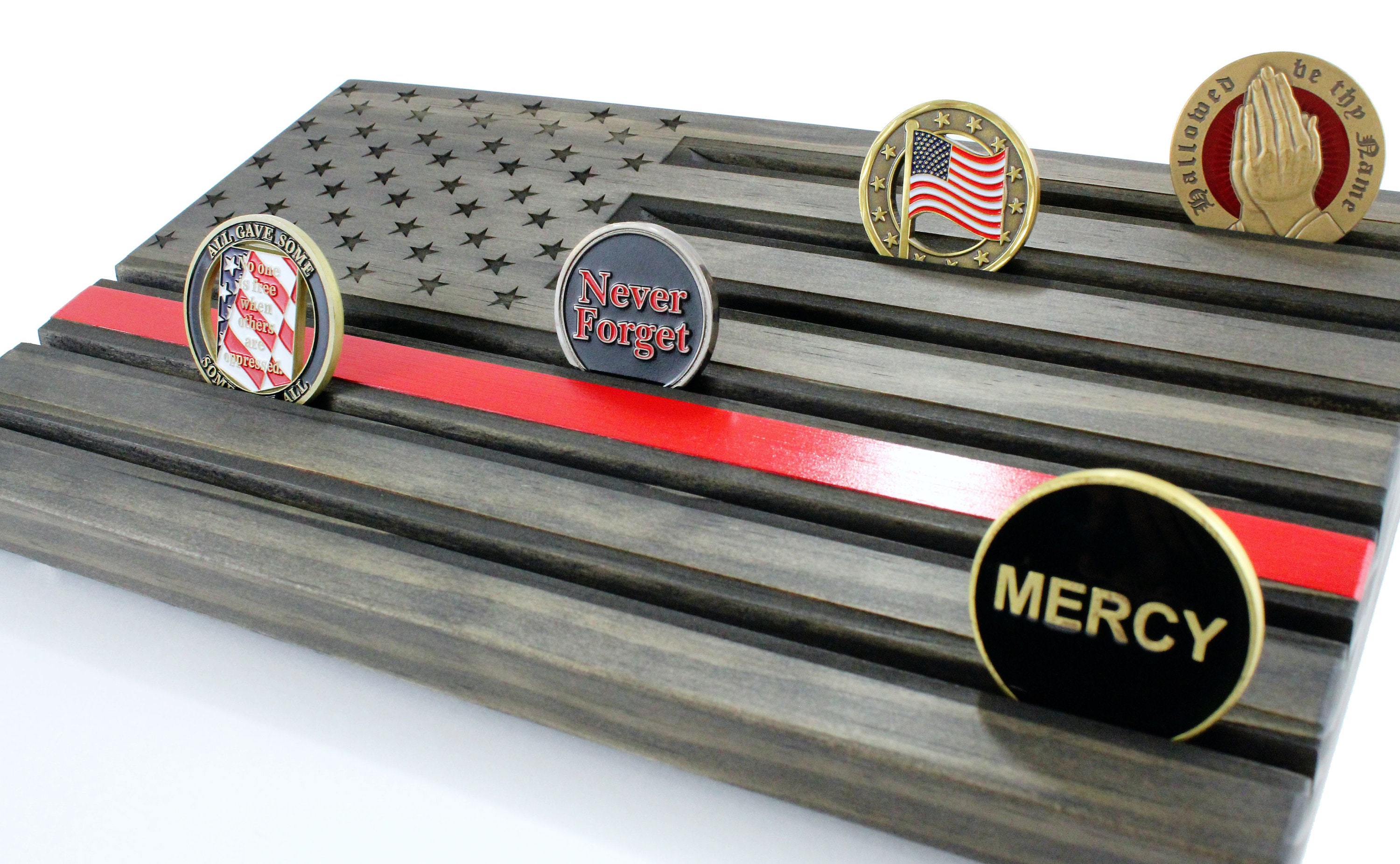 Wood Engraved Flag Thin Red Line Firefighter Gift Challenge Coin Holder