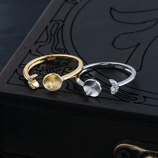 Sterling Silver Ring Setting, S925 Tail Blanks, Adjustable Style, Half Drilled Pearl Mounts