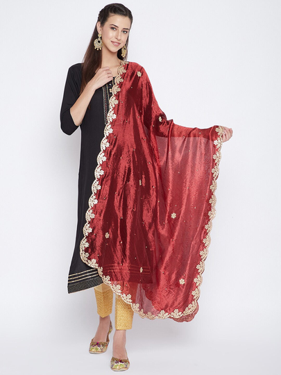 Women's Silk Blend Maroon & Gold-Toned Embroidered Dupatta With Gotta Patti Free Shipping