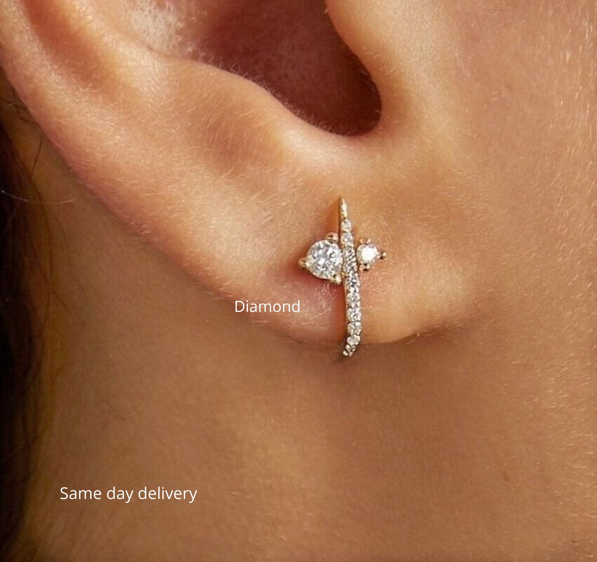 Lab Diamond Huggie Earrings10K/14K Solid Gold Earringssuspender Earringsopen Half Hoop Earringshooklab Grown Diamond Earrings