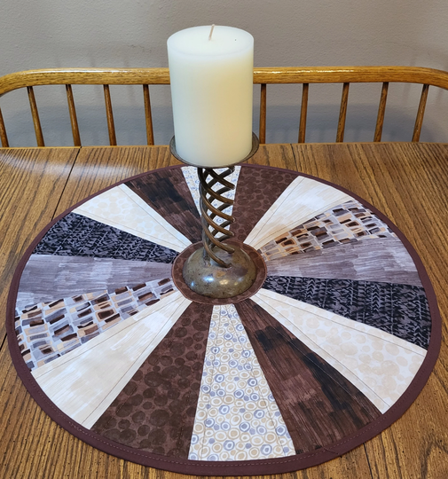Grays N Browns Mcm Cotton Fabric Handmade 19.5 Inch Round Table Topper, Cotton Quilted Centerpiece, Twice Rectangle Geo & Twice Brush Texture