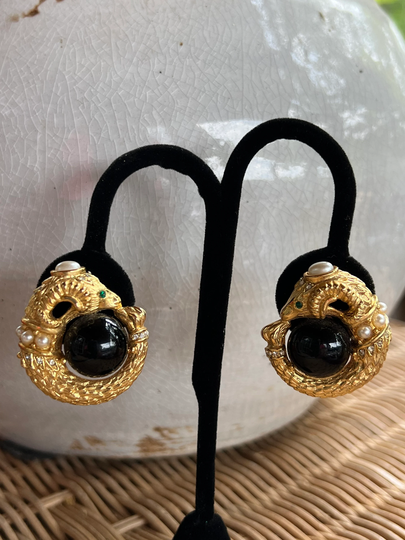 Craft Signed Art Deco Ram Jeweled Earrings Black Onyx Cabochon #00826