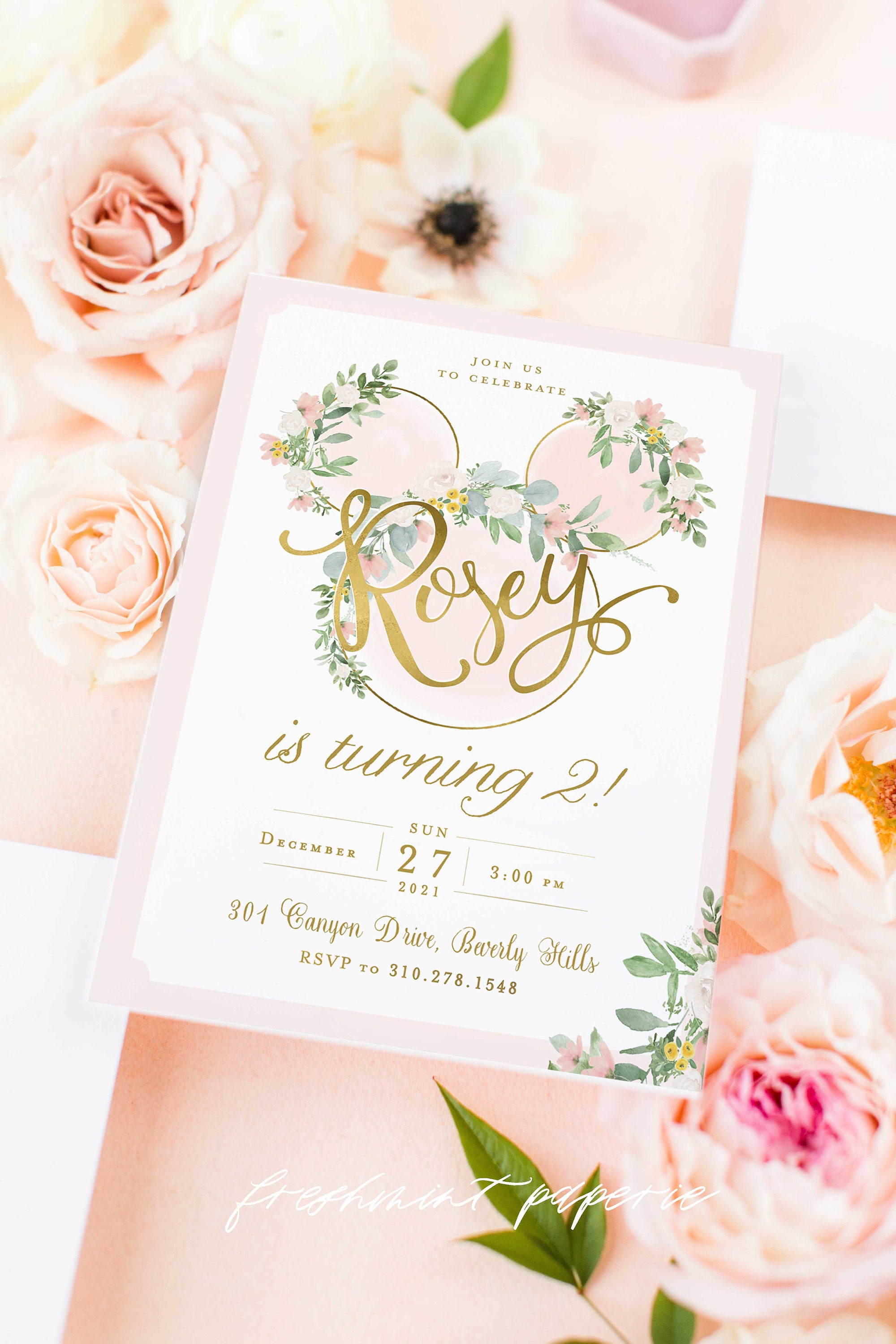 Minnie Mouse Birthday Invitation, Pink Diy, Floral Printable