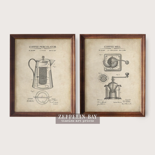 Coffee Patent Print Set Of 2, Vintage Kitchen Wall Art, Mill & Percolator Art Prints, Gift For Lovers, Posters