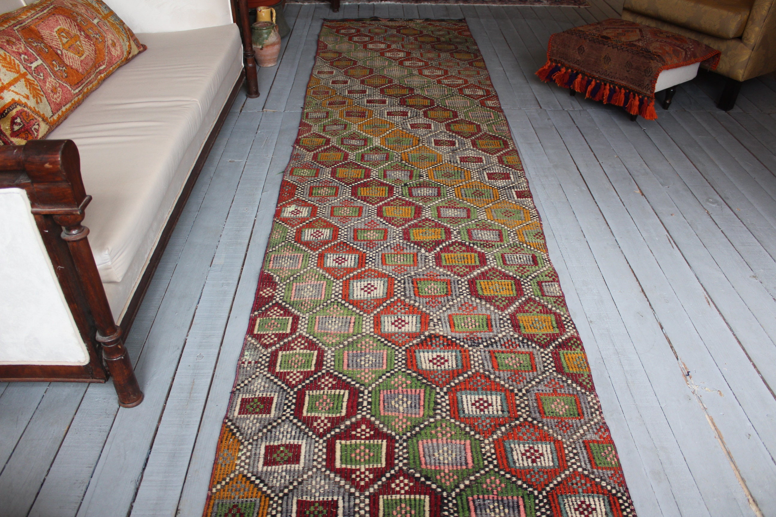 2'8x 11'3 Runner, Vintage Green Kilim Runner Rug, Ethnic Handmade Runner, Bohemian, Green Wool Rug, Turkish Runner"