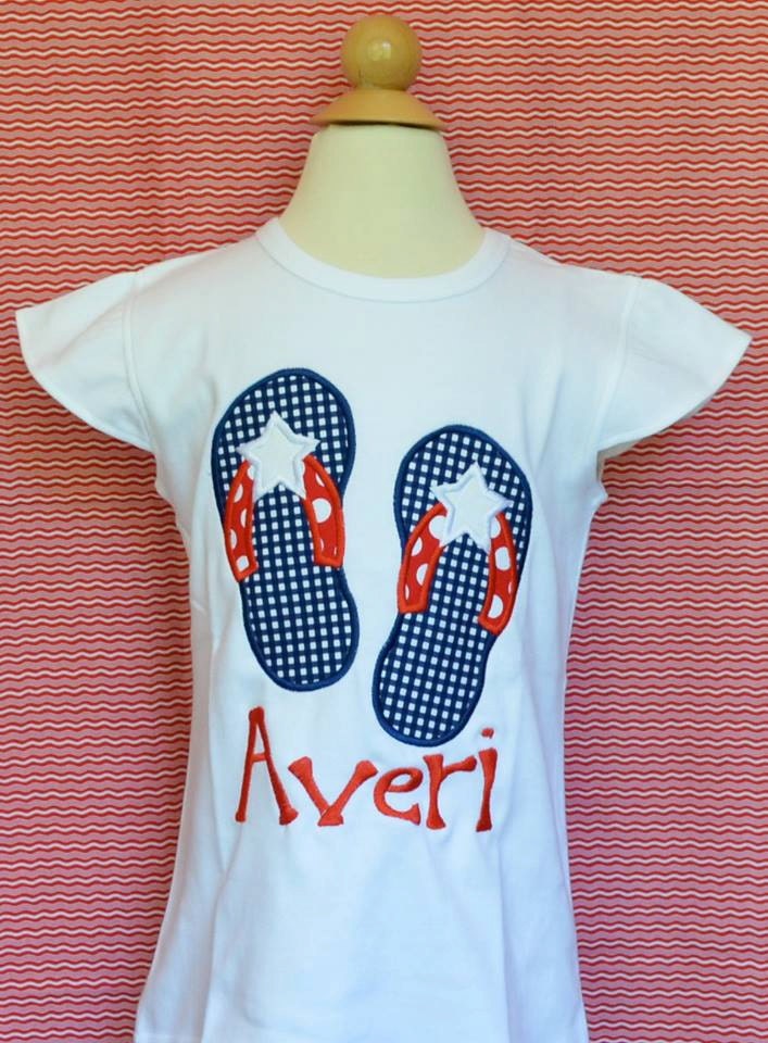 Personalized 4Th Of July Patriotic Flip Flops Star Flag Applique Shirt Or Bodysuit Girl Boy