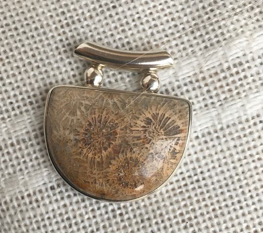 Gemstone Pendant, Fossilized Coral Cabochon Pendant in Sterling Silver, Vintage Semiprecious Gemstone