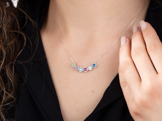 sterling Silver Multi Birthstone Necklace, Customized Gift For Grandma's, 14K Gold Family Colorful Gemstone Valentine's Day Gifts