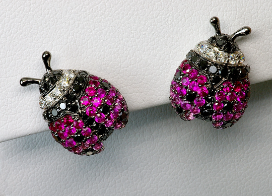 18K Lucky Charm Ladybug Pendant Ruby Black & White Diamond, Pink Sapphire Insect Nature Statement