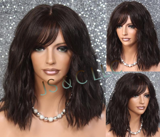 Dark Brown Mixed Wavy Human Hair Blend Lace Front Wig Center Part Full Bangs Loose Natural Wavey Heat Ok Cancer Alopecia Theatrical Anime