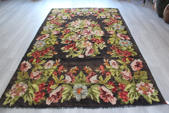 Vintage Karabagh Kilim, Ethnic Floral Bohemian Black Large Boho Kilim/N-301