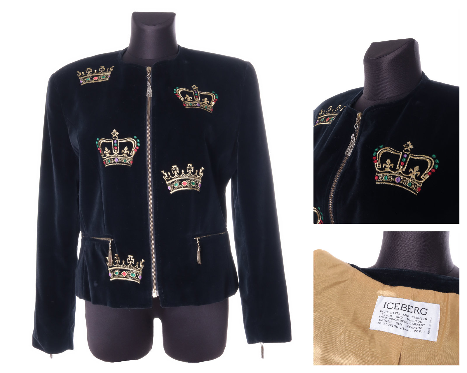 Women's Iceberg Black Cotton Blend Collarless Embroidered Velour Jacket Size 44