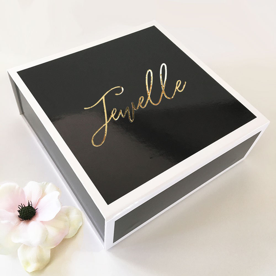 White-Bordered Glossy Black Gift Box Personalized With Gold Foil Script Name ++ Bridesmaid Gifts Wedding Favors Minimum 3 Gift-Boxes