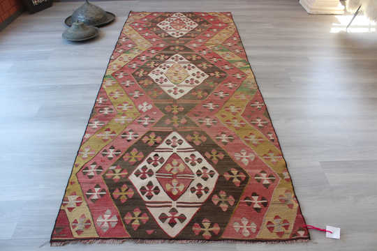 Vintage Kilim Runner, Ethnic 4'x9' Bohemian Anatolian Runner/N-943 3'6"x8'8"