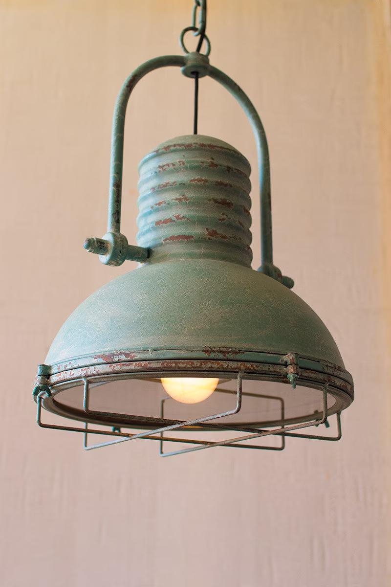 Rustic Turquoise Pendant Light With Glass & Wire Cage