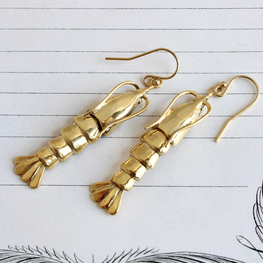 Handmade Crayfish Earrings, Gold Wash Over Sterling Silver Articulated Crawfish
