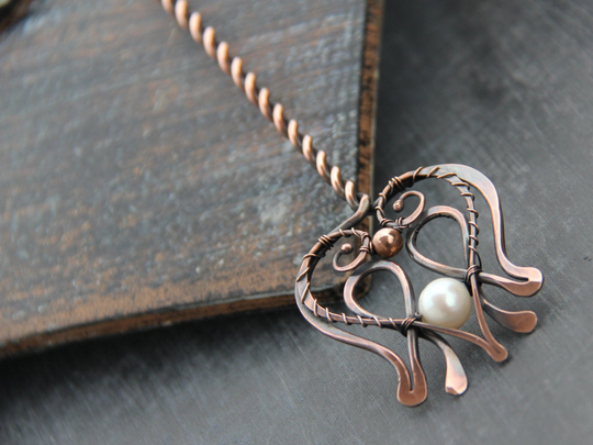 Twisted Antique Copper & Pearl Hair Stick, Pin, Fork "Princess", Wire Wrap Accessories, Flower, Tulip, Crown Stick