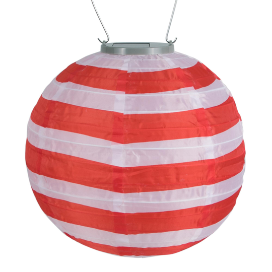 Round Red and White Stripe Fabric Solar LED Lantern: Red/White by World Market