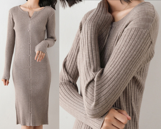 Women Knitted Cashmere/Cotton Blend Long Sleeve V-Neck Dress Very Soft & Comfortable Crus Length-Size S