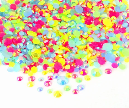 Sea Coral Blend Rhinestone Mix 3/4/5/6mm Flatback Jelly Resin Rhinestones Mixed Sizes, Pretty Mix - Pink | Yellow Green Blue