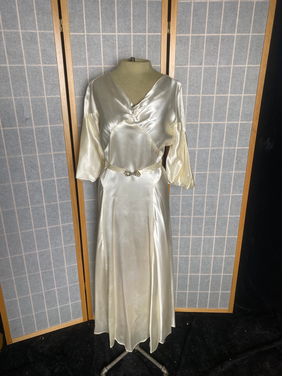 Vintage 1930's White Liquid Satin Art Deco Wedding Dress With Belt, Size Medium