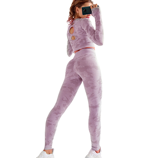 2Pcs Yoga Suit Long Sleeve Crop Top Blend Fabric Seamless High Waist Workout Outfits for Women - purple, s