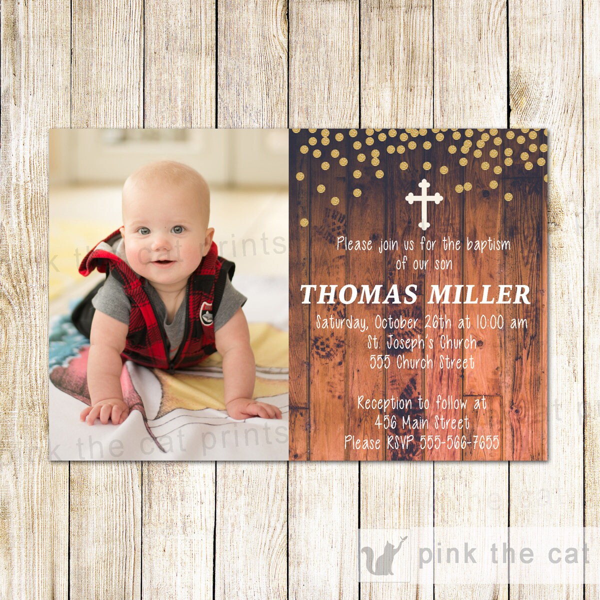Rustic Invitation Wood Baptism Boy Christening With Photo Glitter Gold Card Grey