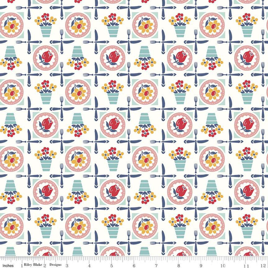 Sale Cook Book Luncheon C11755 Coral - Riley Blake Designs Lori Holt Flowers Forks Knives On Off White Quilting Cotton Fabric