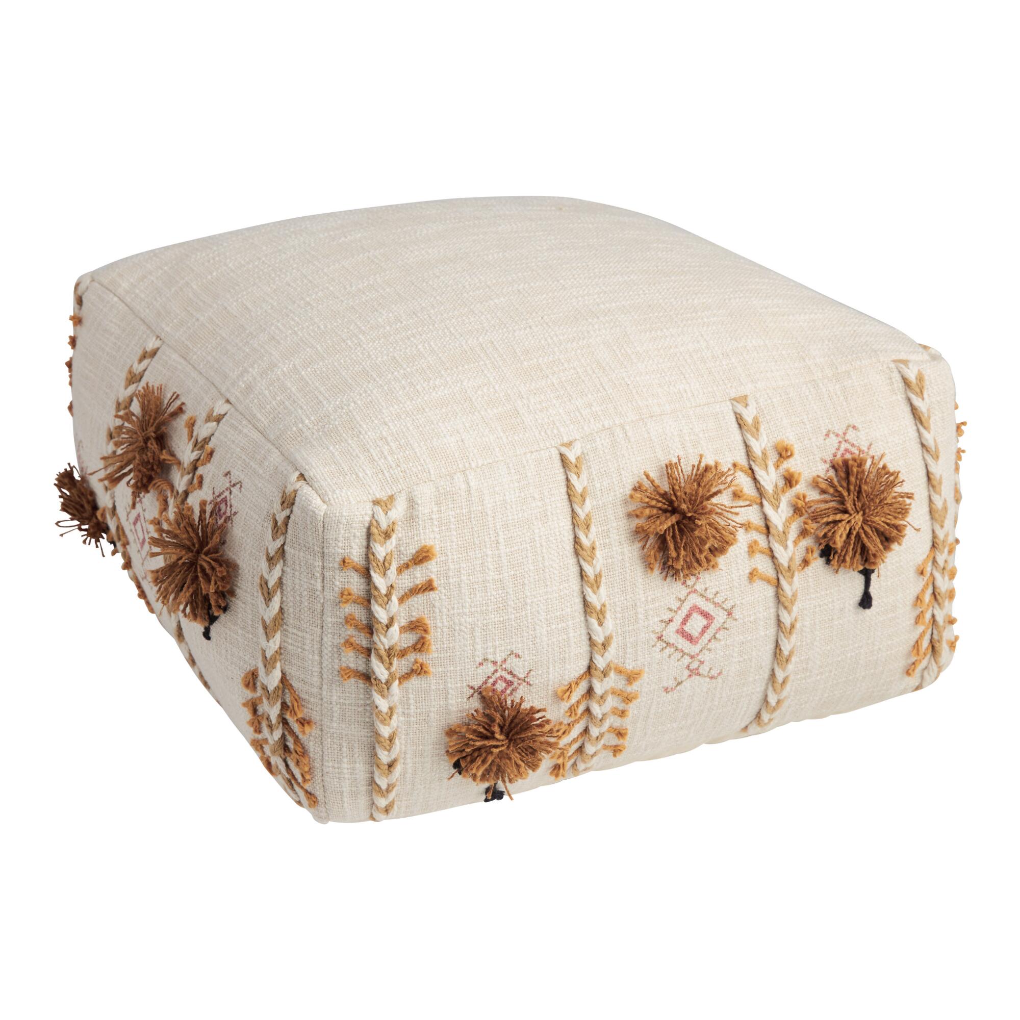 Square Natural Mud Cloth Embroidered Pouf by World Market