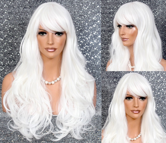 White Human Hair Blend Long Wavy Heat Ok Wig Bangs Layered Cancer Alopecia Theatrical Character Anime Emo