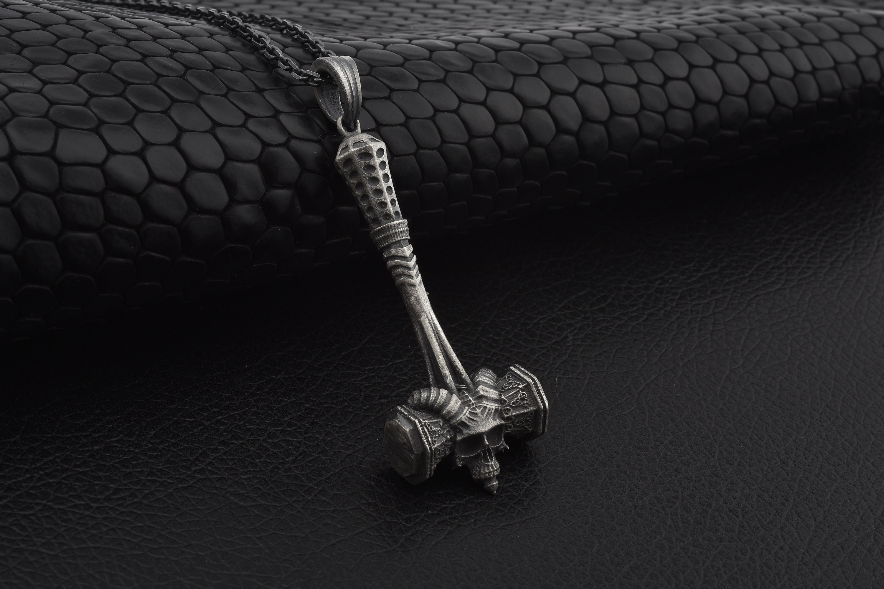 Viking War Hammer With Ram Skull Handmade Sterling Silver Men Necklace, Thor Biker Pendant Chain, Norse Mythology Gift