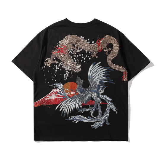 Japanese Streetwear Phoenix & Dragon Embroidery Tee Shirt Harajuku Urban Fashion Black Short Sleeve T-Shirt
