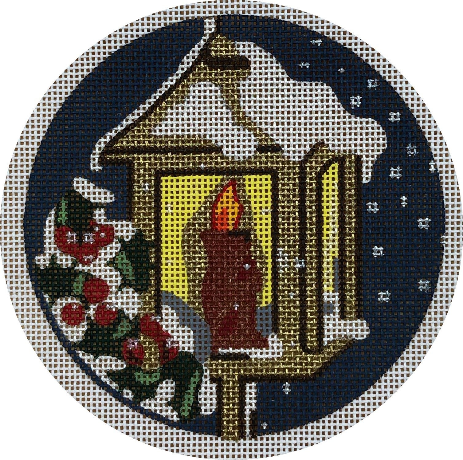 Needlepoint Handpainted Christmas Melissa Prince Lantern with Holly -Free Us Shipping
