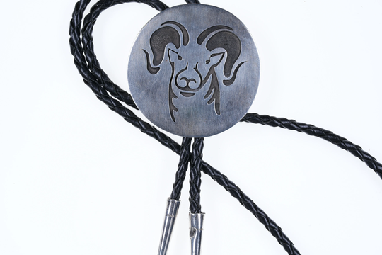 Hopi Sterling Silver Overlay Rams Head Bolo Tie
