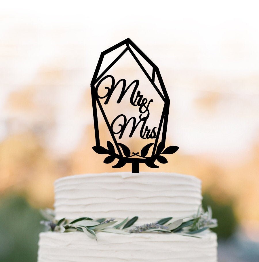 Geometric Cake Topper For Wedding, Mr & Mrs Toppers Modern Floral Topper, Gold Silver Black Wood White