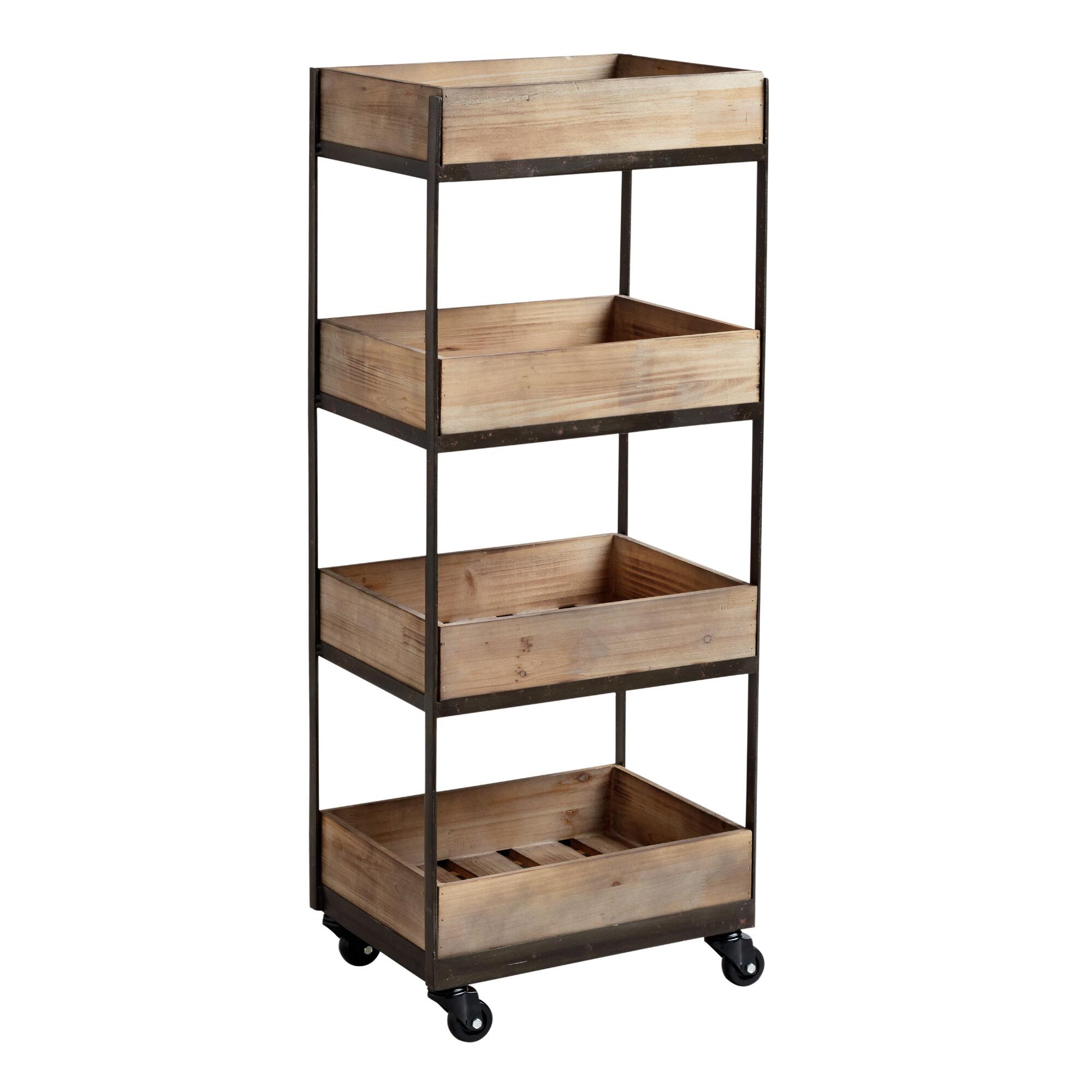 Wood 4 Tier Gavin Rolling Cart: Natural - Metal by World Market
