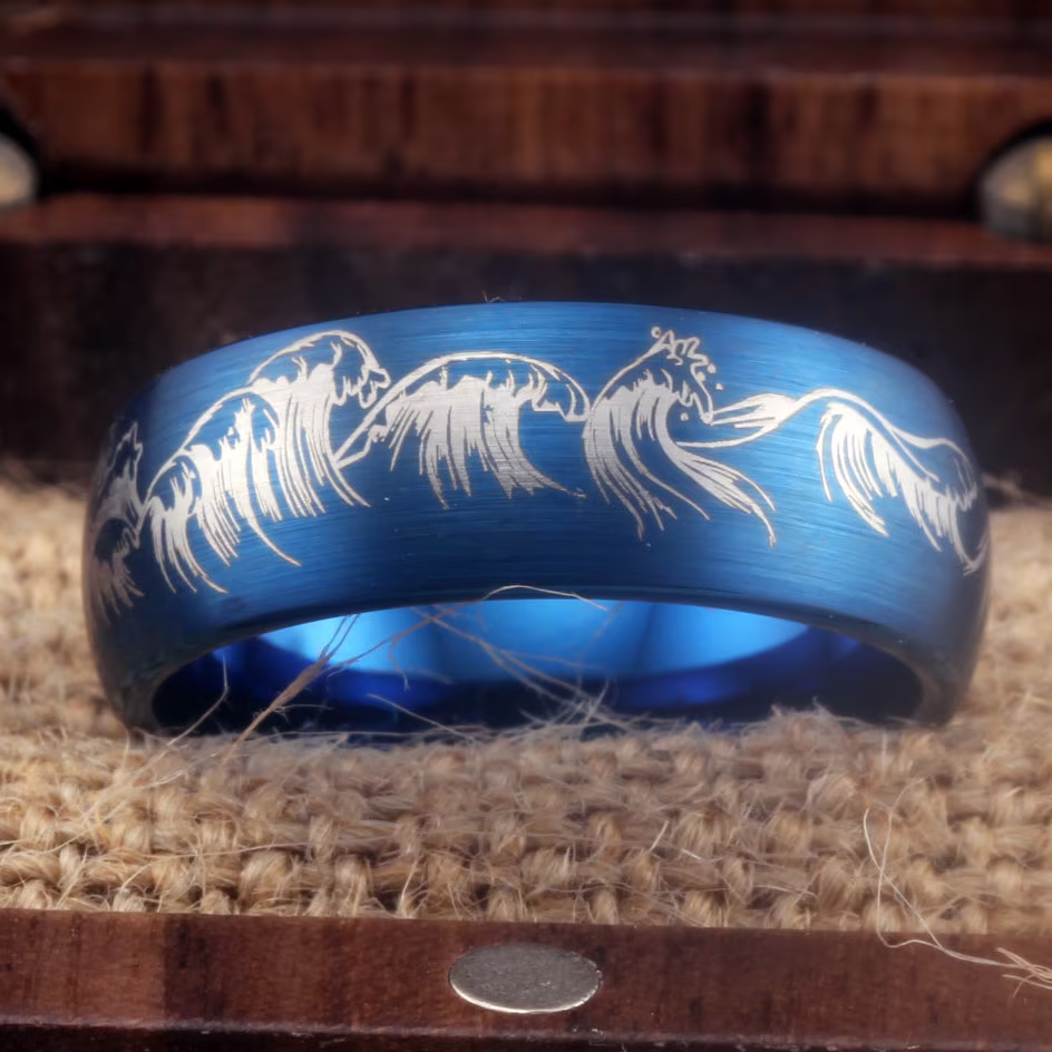 8mm Width Tungsten Waves Ring Wave Ring, Ocean Beach Jewelry Wedding Band Comfort Fit Gift
