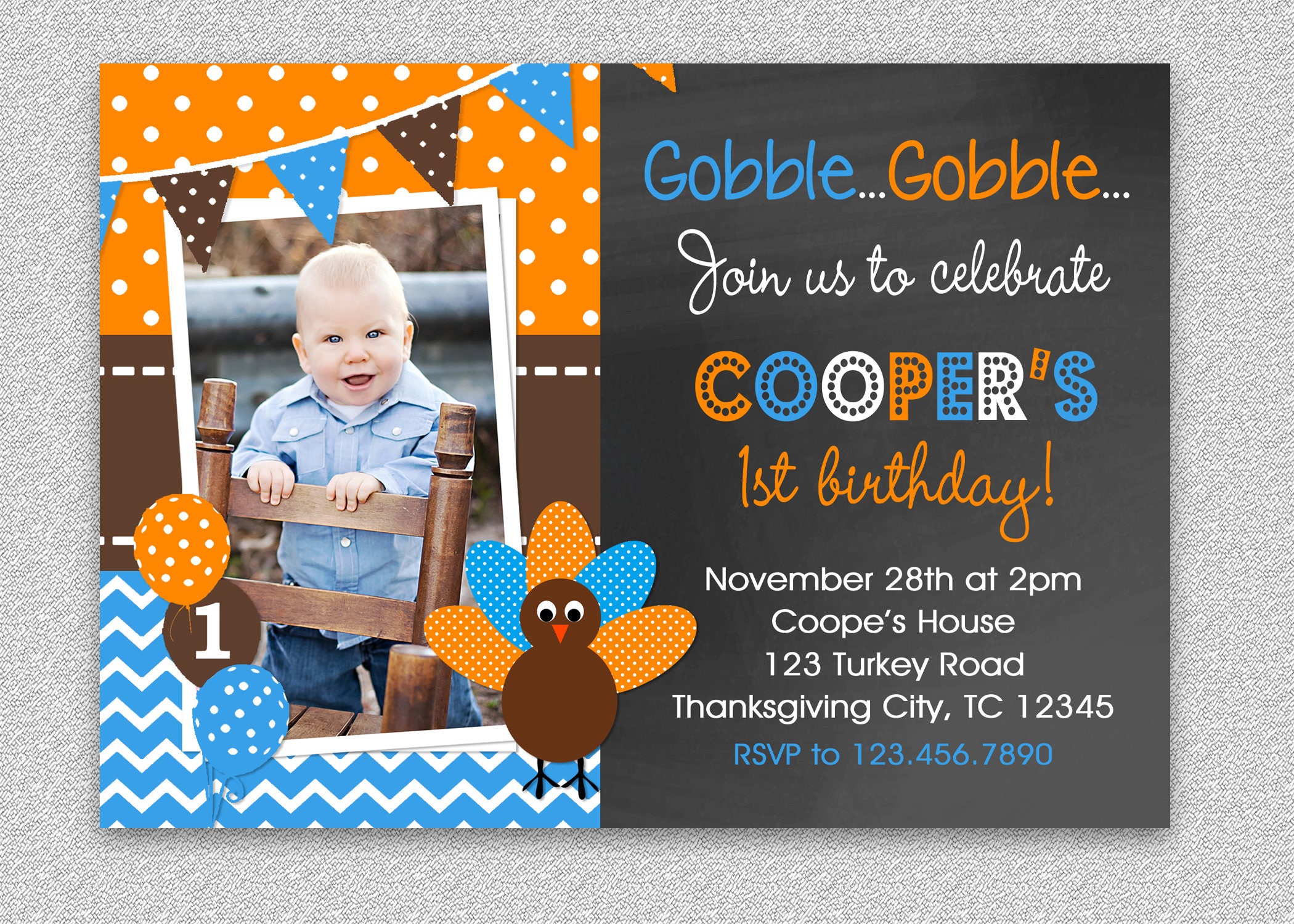 Thanksgiving Turkey Birthday Invitation , Party Invitation, 1st